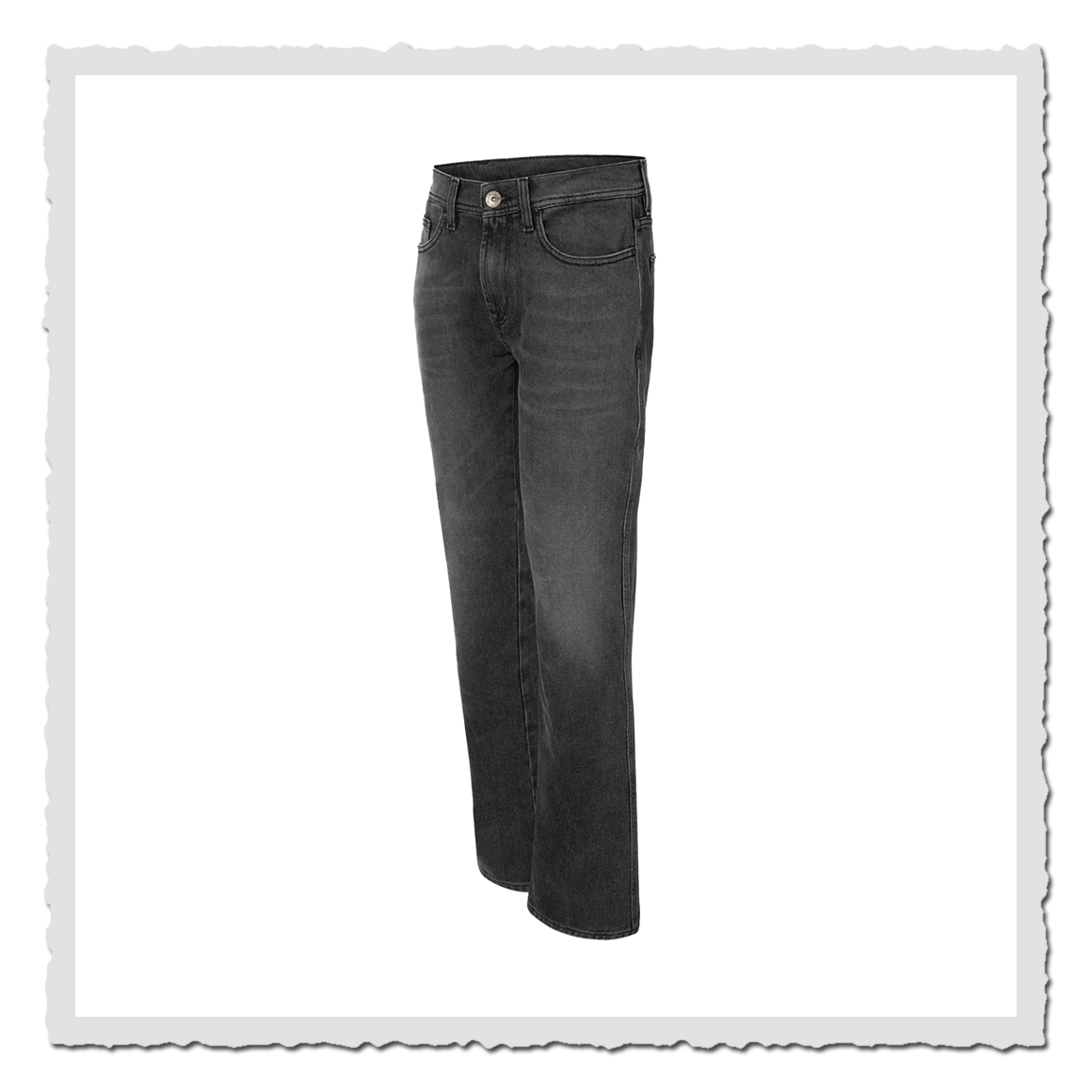 Grauschwarze Jeans in schräger Vorderansicht, freigestellt vor hellem Hintergrund.